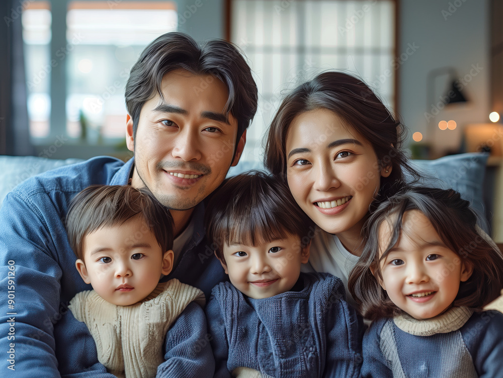 Happy Young Korean Couple and Their Kids Sitting in Their Newly Purchased Apartment Happy Young Korean Couple and Their Kids Sitting in Their Newly Purchased Apartment