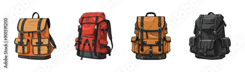 Vector illustration of four different backpacks in various colors and styles.