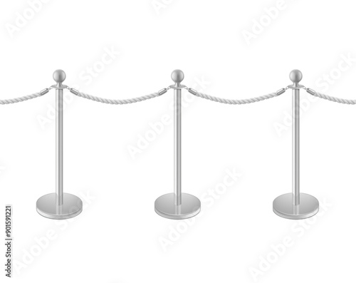 Control barrier posts with rope divider mockup. High realistic. Vector illustration isolated on white background. Ready for your design. EPS10.