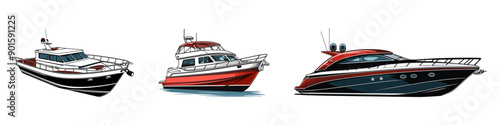 Vector illustration of three luxury yachts in different designs, highlighting modern marine transportation and leisure activities on the water.