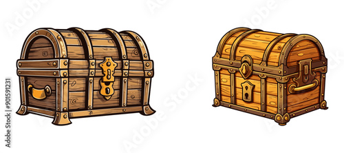 Vector illustration of two wooden treasure chests with gold accents and locks.