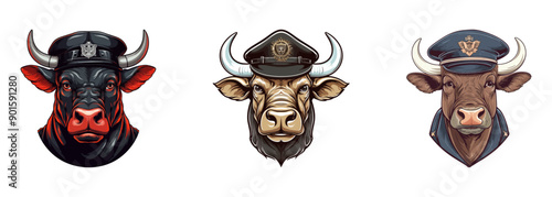 Vector illustration of three bull heads wearing police hats, blending animal characteristics with authoritative symbols, highlighting strength and law enforcement.