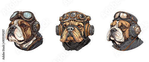 Vector illustration of three bulldogs wearing aviator gear, showcasing a mix of aviation elements and dog characteristics, emphasizing adventure and protection.