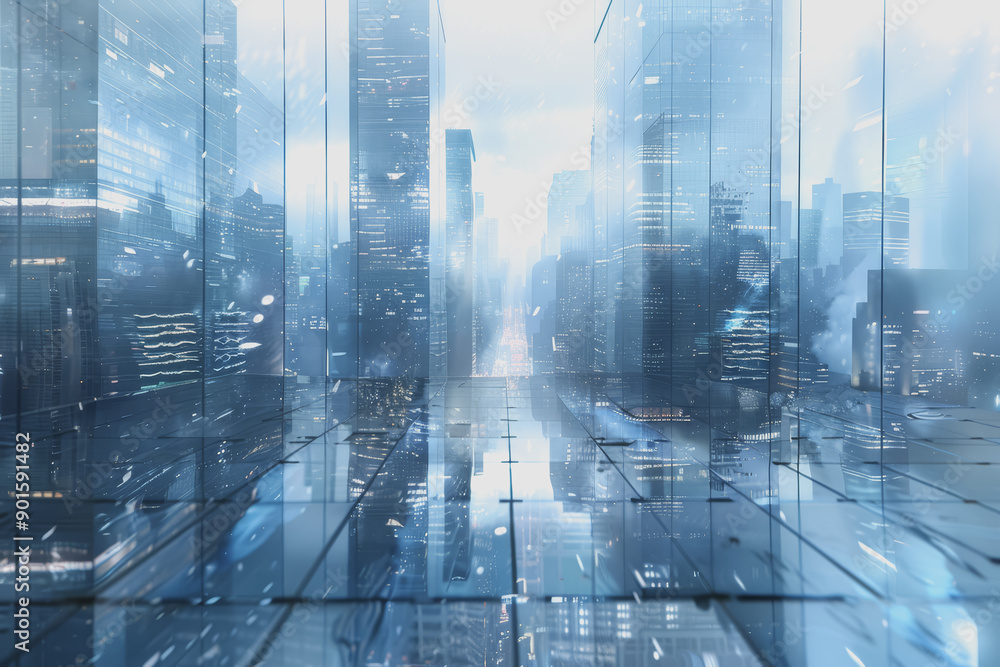 Futuristic city with blurry moving glass buildings and skyscrapers. Use a white and blue theme. Futuristic city with blurry moving glass buildings and skyscrapers. Use a white and blue theme.