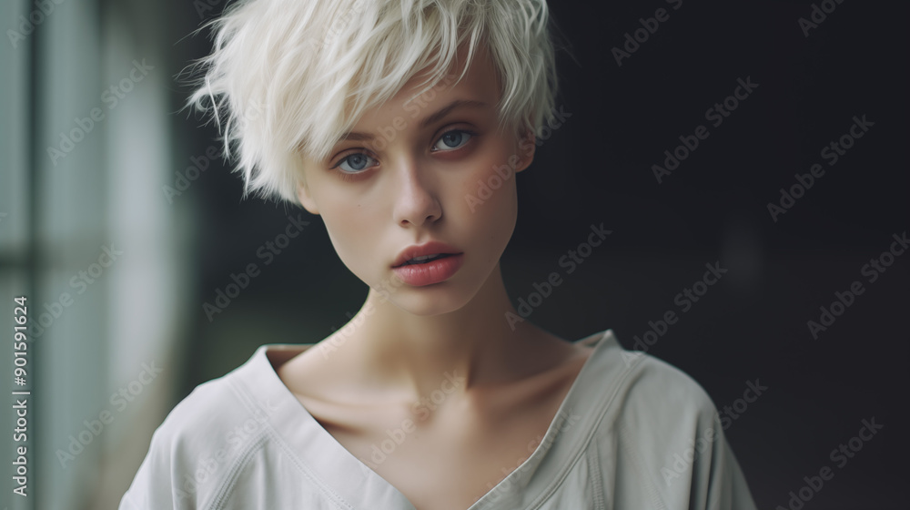 A sad and thoughtful girl with white hair looks with a piercing gaze. A sad and thoughtful girl with white hair looks with a piercing gaze.