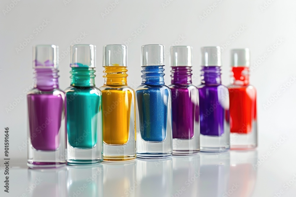 A row of colorful nail polish bottles in purple, teal, yellow, blue, violet, and red shades on a reflective surface. A row of colorful nail polish bottles in purple, teal, yellow, blue, violet, and red shades on a reflective surface.