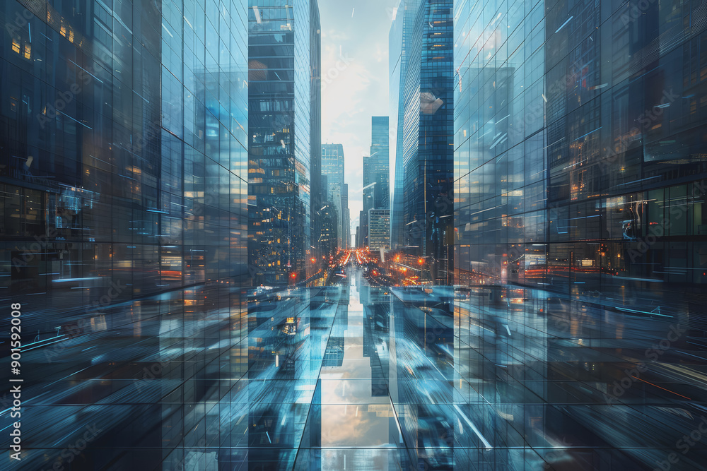 Futuristic city with blurry moving glass buildings and skyscrapers. Use a white and blue theme. Futuristic city with blurry moving glass buildings and skyscrapers. Use a white and blue theme.