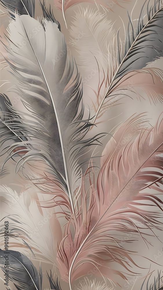 a close up of a white and pink wallpaper with a pattern of feathers in shades of grey, pink, and white.