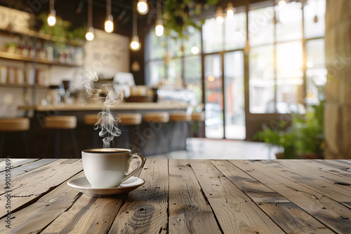 Wallpaper Mural A steaming cup of coffee sits on a rustic wooden table in a cozy cafe. Torontodigital.ca