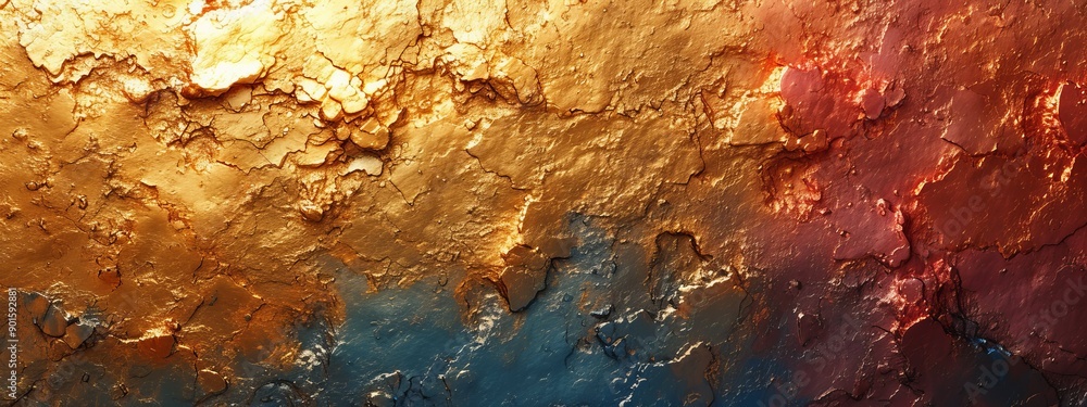 Naklejka premium Rugged metallic texture with golden and blue hues, intricate abstract art resembling rugged cracked surface, golden texture representing layers of history and time etched into surface