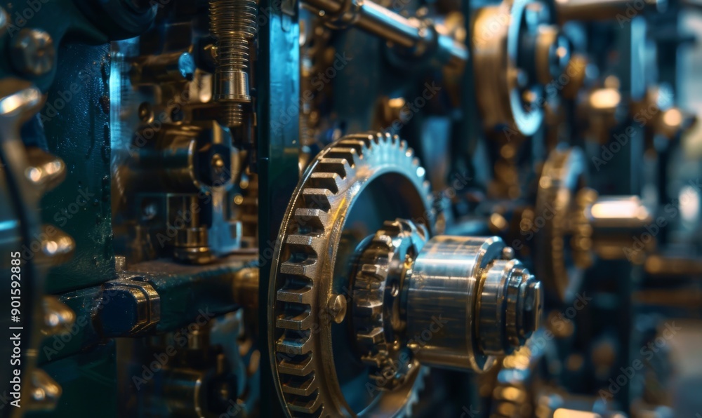 A detailed close-up view of a machine with numerous metal parts. This image can be used to showcase industrial machinery or to illustrate the complexity of mechanical systems A detailed close-up view of a machine with numerous metal parts. This image can be used to showcase industrial machinery or to illustrate the complexity of mechanical systems