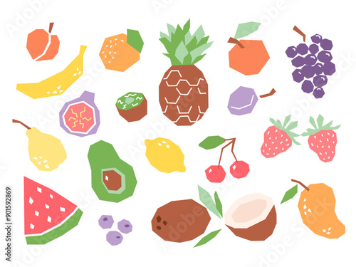 Set of cartoon tropical fruits isolated on white. Geometric fruits collection elements for logo, print, design. Vector illustration