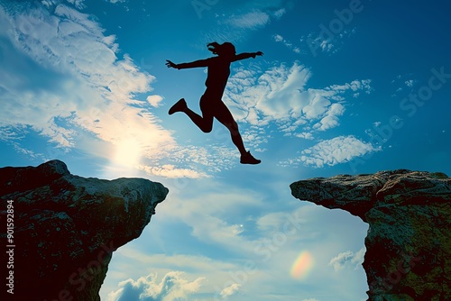 A person leaping over a large gap between two cliffs, representing the idea of taking risks and overcoming obstacles