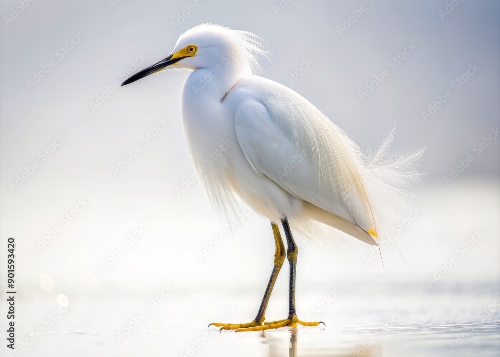 Obraz premium Solo snowy egret with delicate white feathers and slender legs stands elegantly on a clean white background, showcasing its serene beauty in isolation.