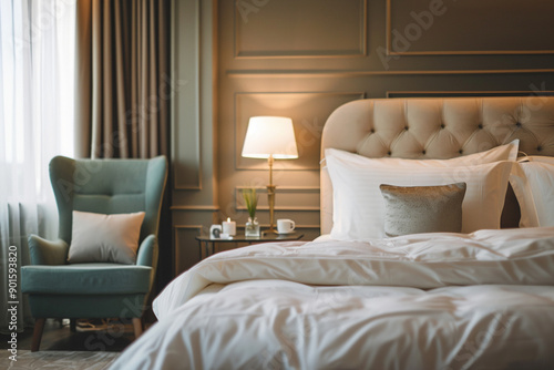 A hotel suite with luxurious bedding and a seating area.