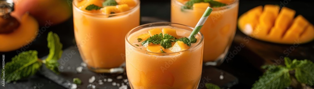 Refreshing mango smoothies garnished with mint leaves and sliced mango, served in glasses with a straw on a dark background. Refreshing mango smoothies garnished with mint leaves and sliced mango, served in glasses with a straw on a dark background.