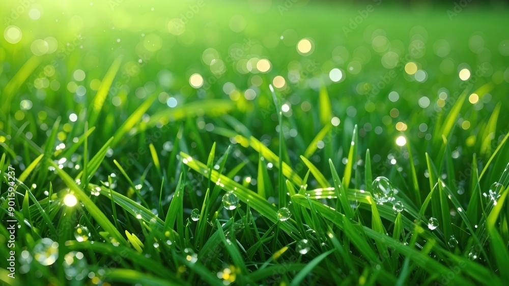 green grass with dew drops background with depth of field, Sunrise dew on fresh green grass background green grass with dew drops background with depth of field, Sunrise dew on fresh green grass background