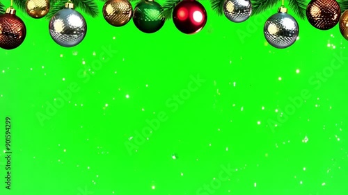 Christmas frame or new year frame with fir or pine leaves and light bulbs blinking with alpha map for compositing Green screen Merry Christmas concept