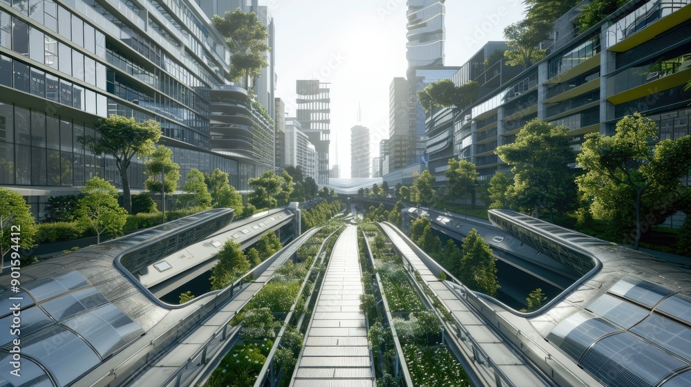 Futuristic cityscape with lush greenery and modern architecture, showcasing urban integration with nature and sustainable design. Futuristic cityscape with lush greenery and modern architecture, showcasing urban integration with nature and sustainable design.
