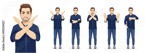 Set of young handsome man wearing blue shirt and jeans showing negative emotions with different gestures. Upset, dislike, angry, refused isolated vector illustration.