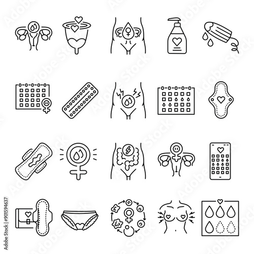 Menstrual cycle line black icons set. Signs  for web page, mobile app, button, logo. Vector isolated button.