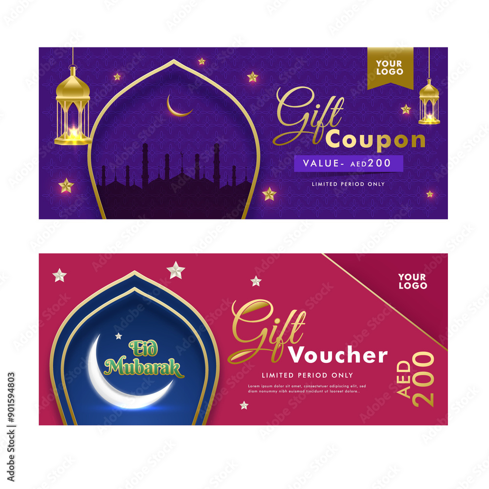 Creative Gift Voucher or Coupon template set in two different styles, Stylish colorful typography background for Eid Mubarak Festival celebration. Creative Gift Voucher or Coupon template set in two different styles, Stylish colorful typography background for Eid Mubarak Festival celebration.