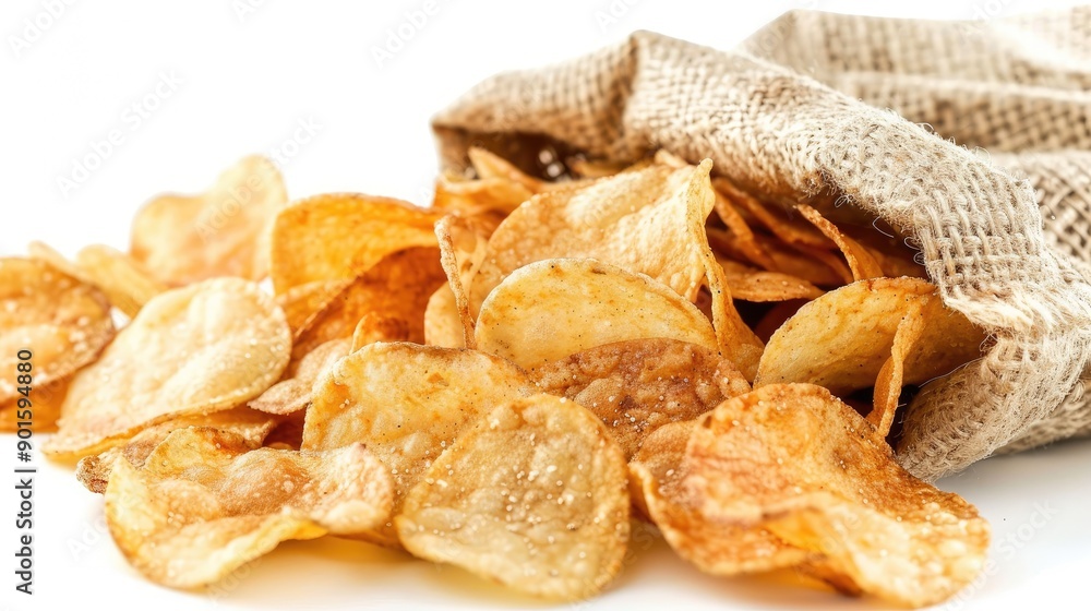 Crispy potato chips spilling out of a burlap sack on a white background. Perfect for snack, food, and culinary concepts. Crispy potato chips spilling out of a burlap sack on a white background. Perfect for snack, food, and culinary concepts.