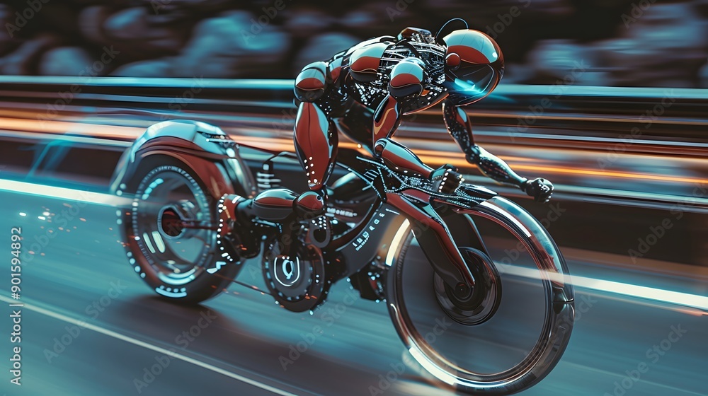 Fototapeta premium Robot Cyclist Racing: A high-speed robot cyclist pedaling intensely in a competitive race. 