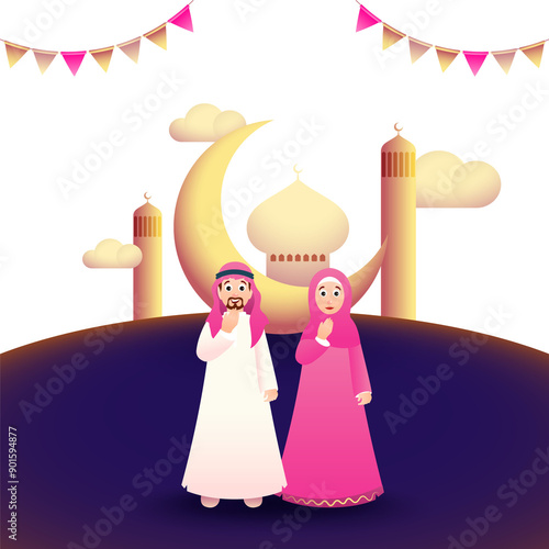 Eid Mubarak celebration concept with cartoon character of Muslim man and woman in front of moon and mosque for poster or banner design. photo