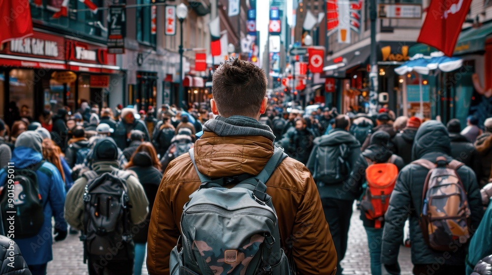A lone traveler observes a bustling city street filled with people and vibrant flags, capturing the essence of urban life. A lone traveler observes a bustling city street filled with people and vibrant flags, capturing the essence of urban life.