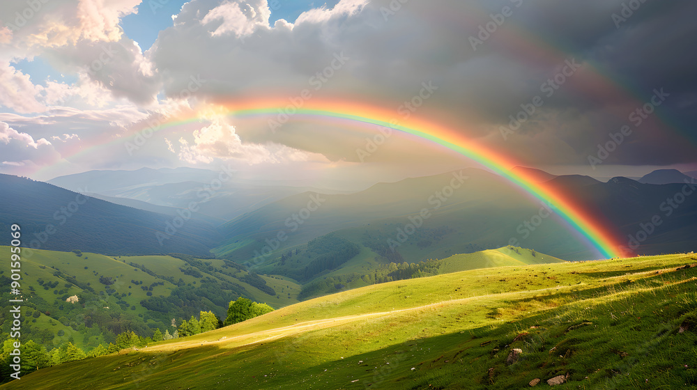 Vibrant rainbow arching over a lush green meadow under a bright blue sky. Countryside beauty. Vibrant rainbow arching over a lush green meadow under a bright blue sky. Countryside beauty.
