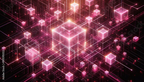 Geometric patterns of pink cubes intersect with luminous connections, embodying the concept of blockchain technology, representing cutting-edge digital progress in modern business photo