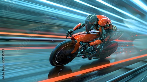 Robot Cyclist Racing: A high-speed robot cyclist pedaling intensely in a competitive race.
