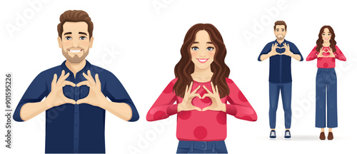 Happy young handsome man and beautiful woman making heart shape with hands standing. Love concept isolated vector illustration