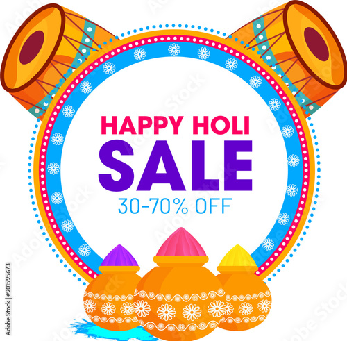 Flat style festival elements such as color pot and dhol (Drum) illustration for Happy Holi sale poster or banner design. photo