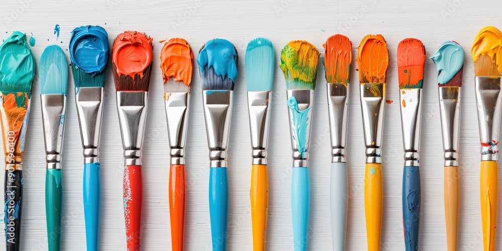 A row of paintbrushes with colorful paints on a white background. Ideal for creativity, art, and craft projects. A row of paintbrushes with colorful paints on a white background. Ideal for creativity, art, and craft projects.