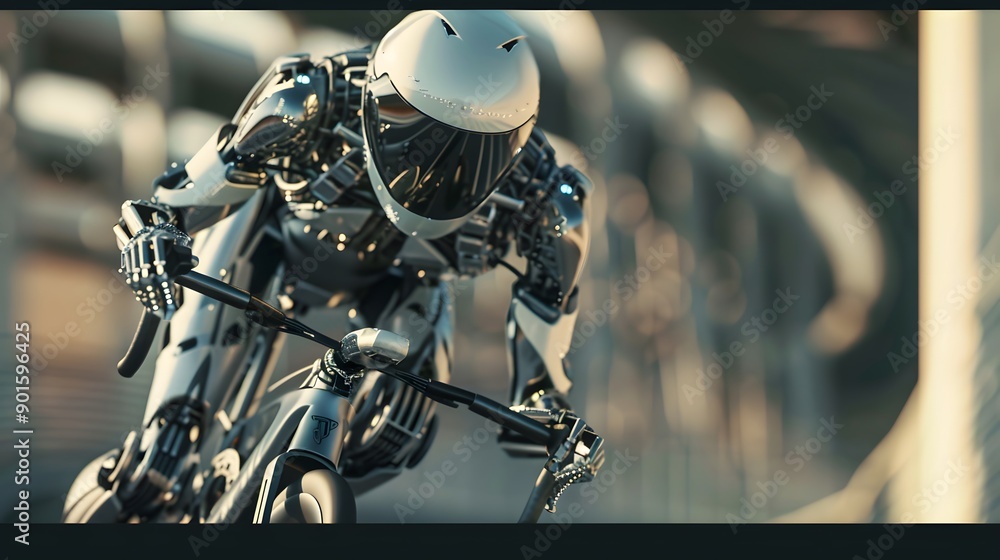 Fototapeta premium Robot Cyclist Racing: A high-speed robot cyclist pedaling intensely in a competitive race. 