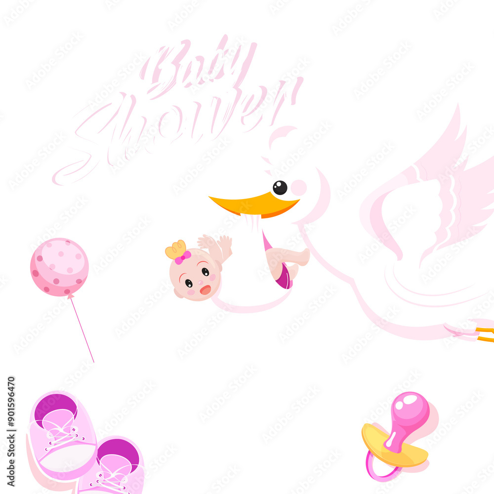 Baby Girl Shower celebration invitation card design with Stork lifting baby and event details on pink background. Baby Girl Shower celebration invitation card design with Stork lifting baby and event details on pink background.