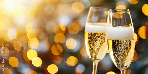 Two champagne glasses with bubbly, golden liquid, set against a background of festive, blurred, golden lights creating a celebratory atmosphere.