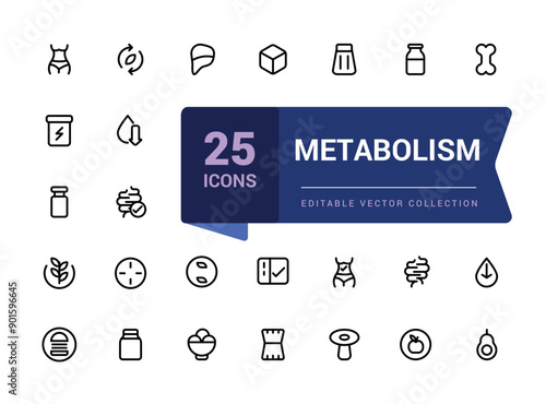 Metabolism Set Line Icon. Nutrition and Health Concept Linear Icon. Weight Control and Body Care Outline Icon. Isolated Vector Illustration.