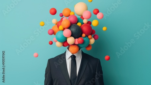 Surreal image of a man in suit with colorful spheres replacing his head, isolated on a teal background, symbolizing creativity and innovation.