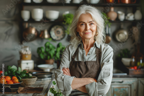 cooking Beautiful beautiful mature middle-aged woman 60 years old with healthy skin.