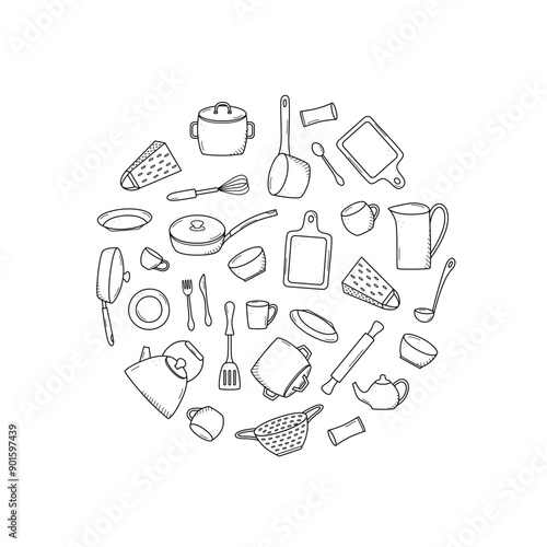 Kitchen tools and tableware doodle icon. Vector illustration set of elements cook.