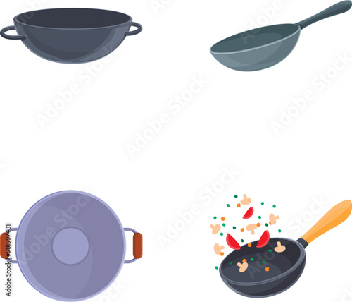 Cooking time icons set cartoon vector. Various dishes cooked in frying pan. Food concept