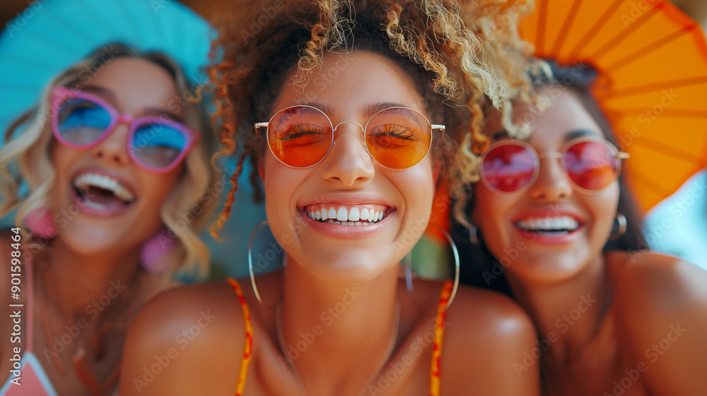 Three Happy Friends Wearing Sunglasses and Smiling Three Happy Friends Wearing Sunglasses and Smiling