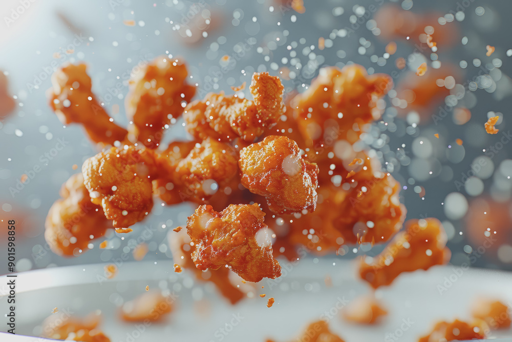 Crispy chicken meat flying in mid-air captured with high-speed, hyper-realistic photography. Crispy chicken meat flying in mid-air captured with high-speed, hyper-realistic photography.