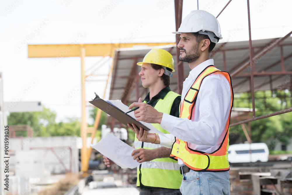 Team of male engineer construction working and inspecting structure of building at construction site. Two male construction builder working at construction site Team of male engineer construction working and inspecting structure of building at construction site. Two male construction builder working at construction site