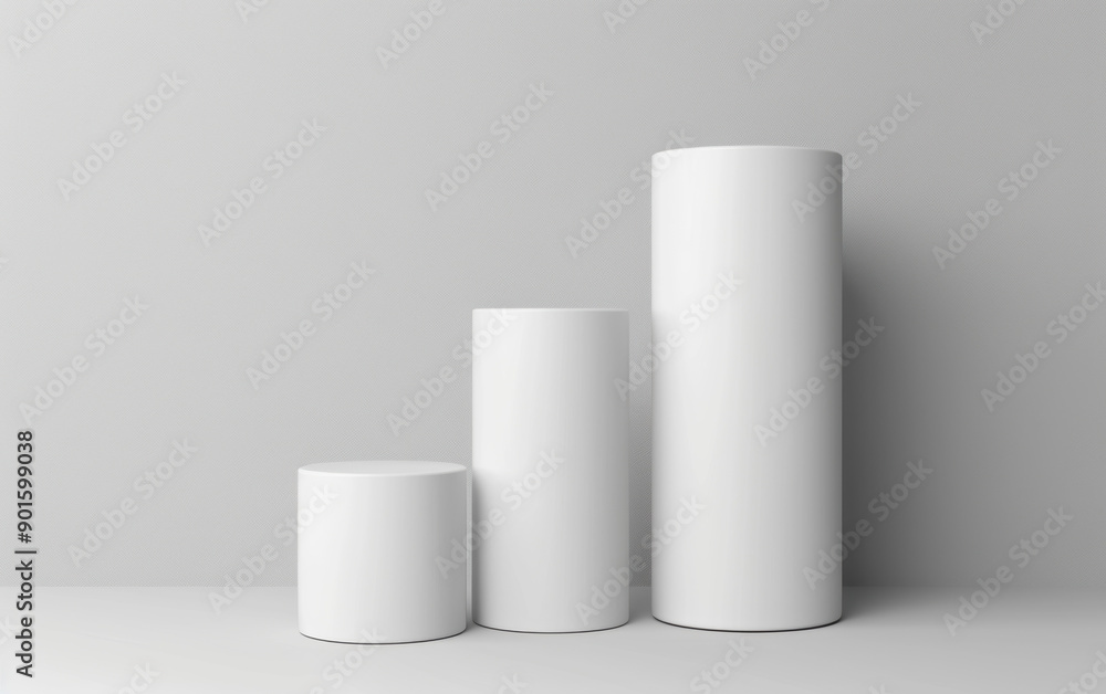Minimalistic display of three white cylindrical pedestals against a plain gray background, showcasing modern design and simplicity. Minimalistic display of three white cylindrical pedestals against a plain gray background, showcasing modern design and simplicity.