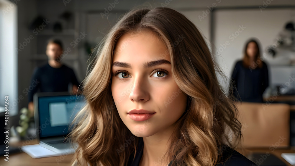 Smiling businesswoman with blonde hair, close-up portrait showing happiness and professionalism Smiling businesswoman with blonde hair, close-up portrait showing happiness and professionalism