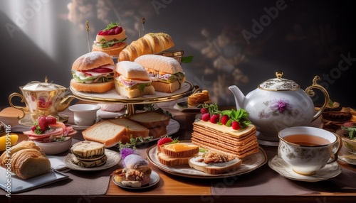 Wallpaper Mural Elegant high tea setup with sandwiches, pastries, and a teapot. Luxurious and traditional, ideal for hospitality promotions and culinary content. Torontodigital.ca